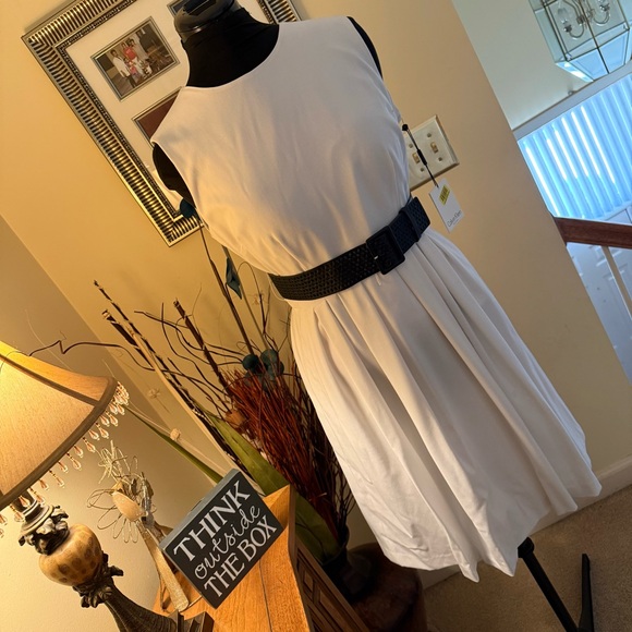 Calvin Klein Dresses & Skirts - Calvin Klein White Sleeveless Pleated Midi Dress with Black Belt